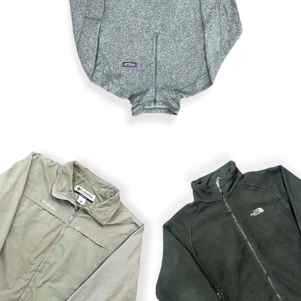 Sélection de polaires grise, beige et vert foncé de marques de montagne.