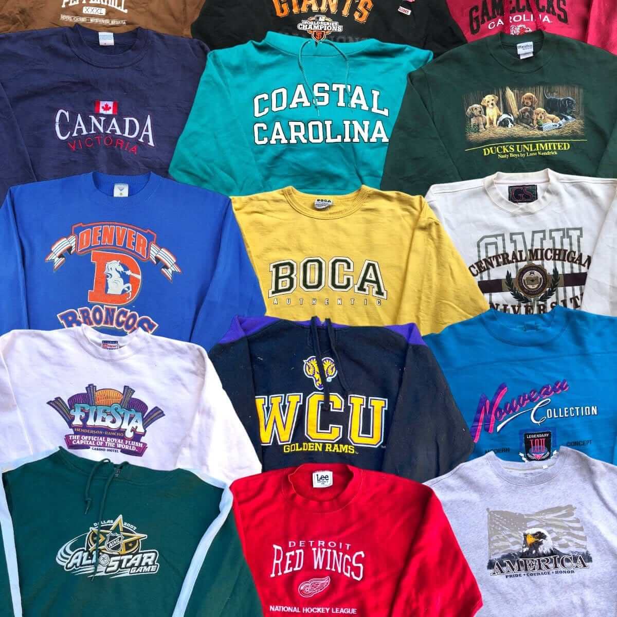 Box de sweats vintage USA – sélection colorée – streetwear rétro – 20 pièces pour friperie – Place Wholesale
