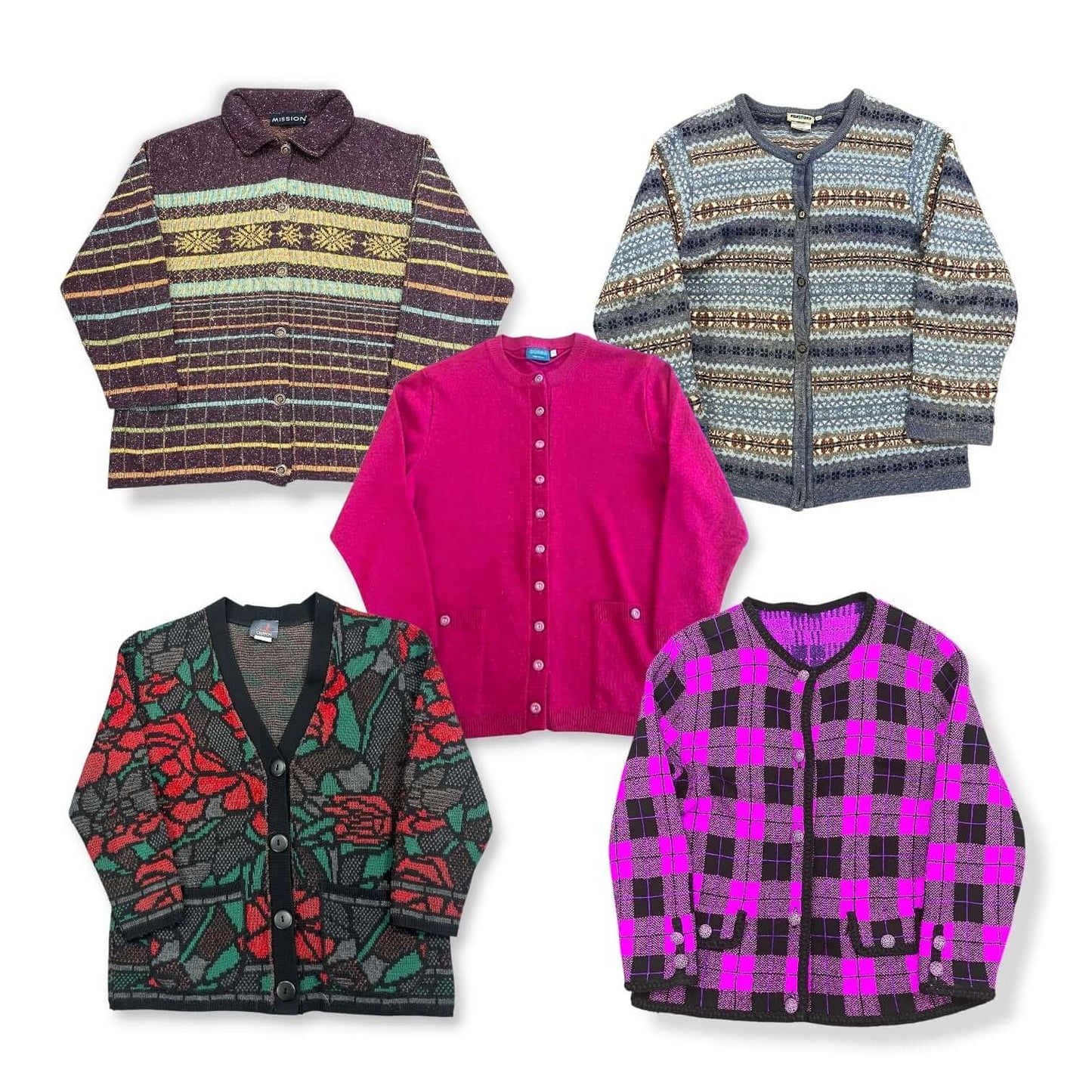 Lot de cardigans vintage en maille avec couleurs et motifs variés pour friperie