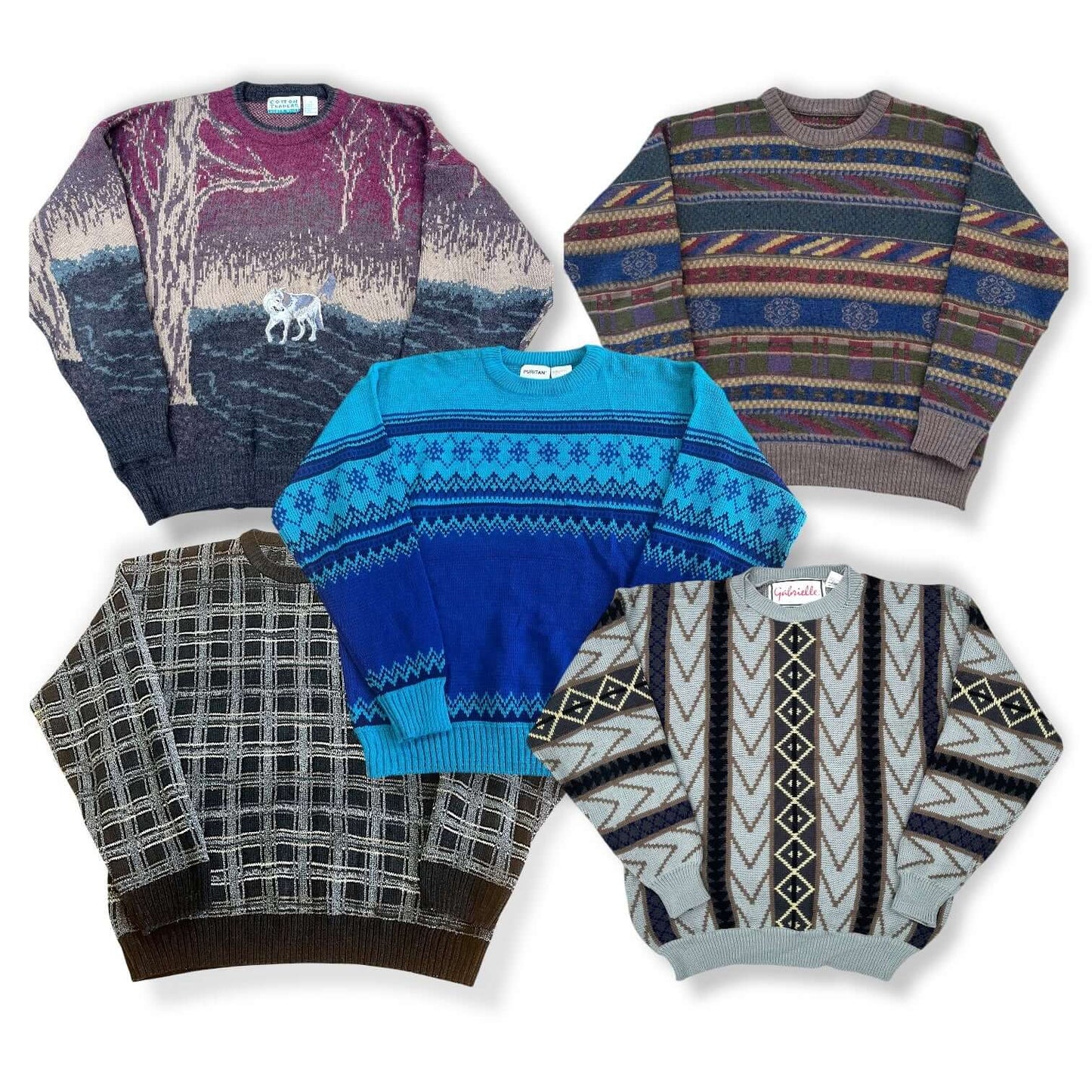 Lot de pulls vintage en laine à motifs colorés – box friperie seconde main