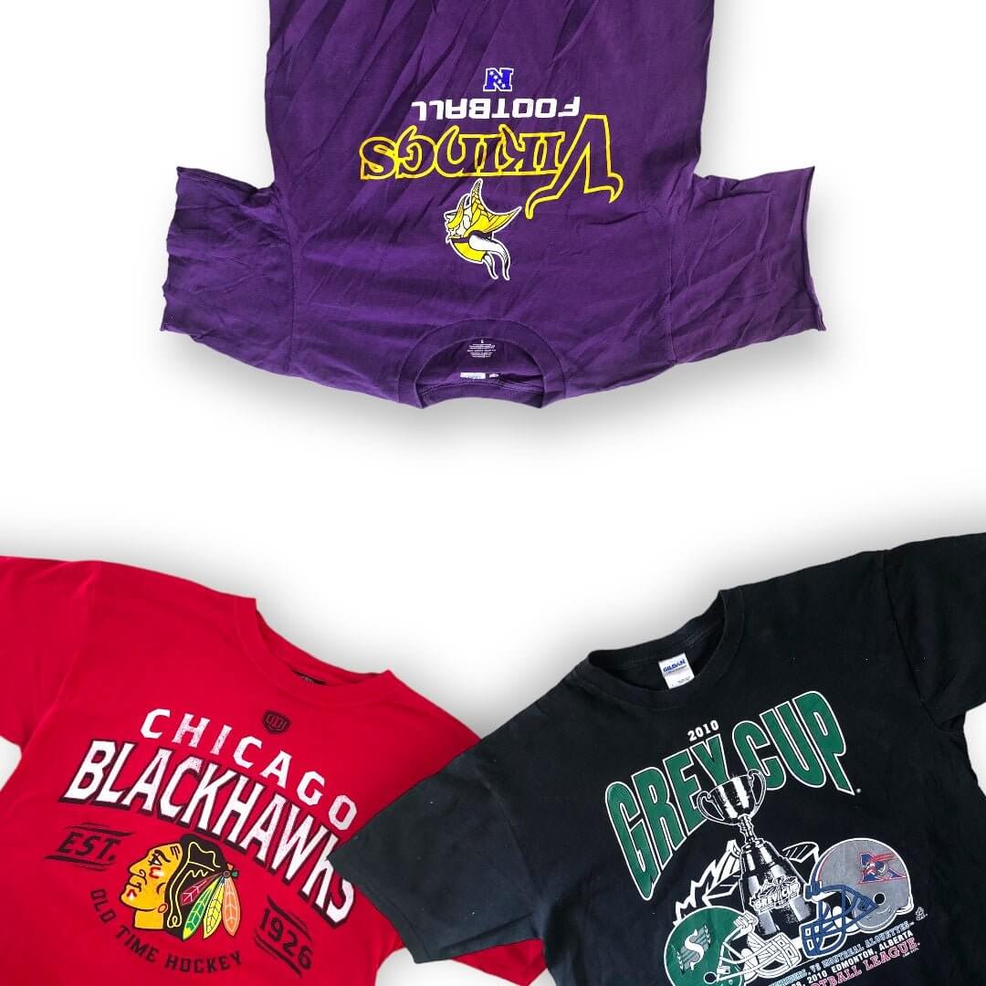 Box de t-shirts pro sport USA – logos NFL, NBA, NHL – vêtements vintage pliés – vente en gros pour friperies – Place Wholesale