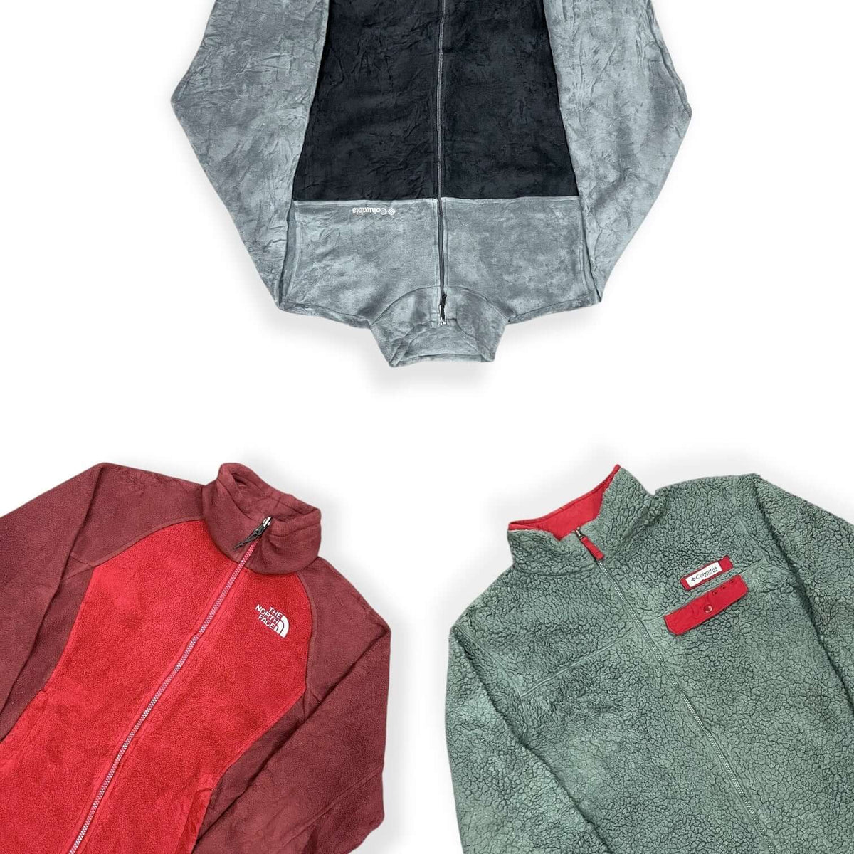 Lot de polaires vintage The North Face et Columbia, sélection de vêtements outdoor de marque en gros pour friperies et revendeurs professionnels.