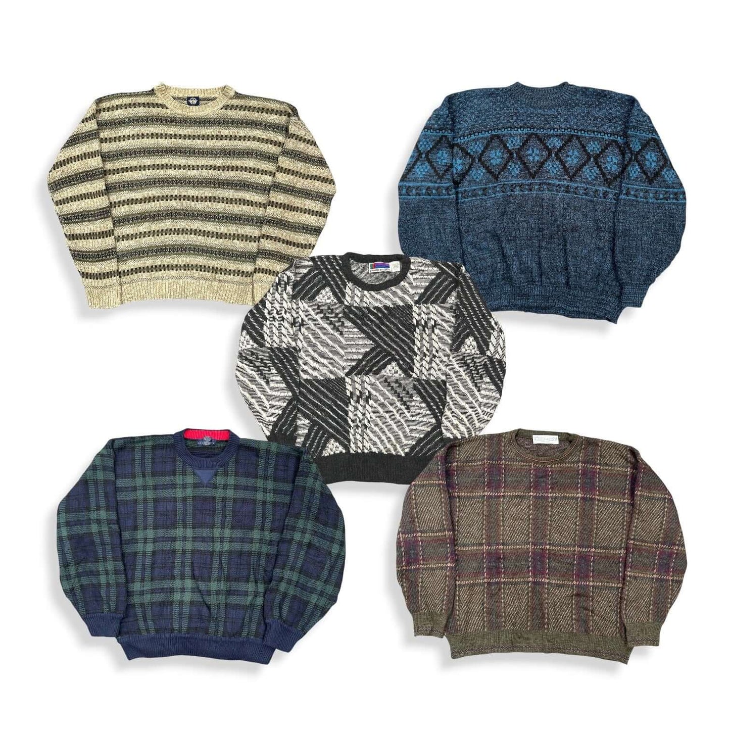 Pulls vintage à motifs années 90 en laine pour friperie et revente vintage