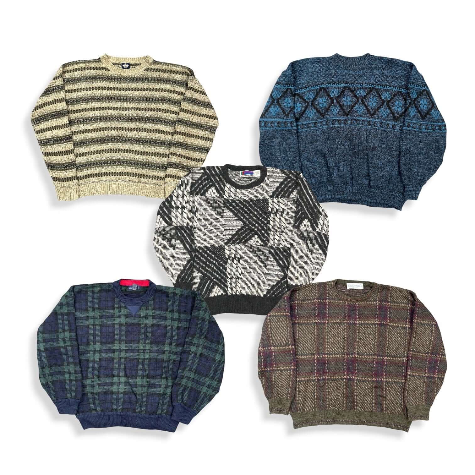 Pulls vintage à motifs années 90 en laine pour friperie et revente vintage