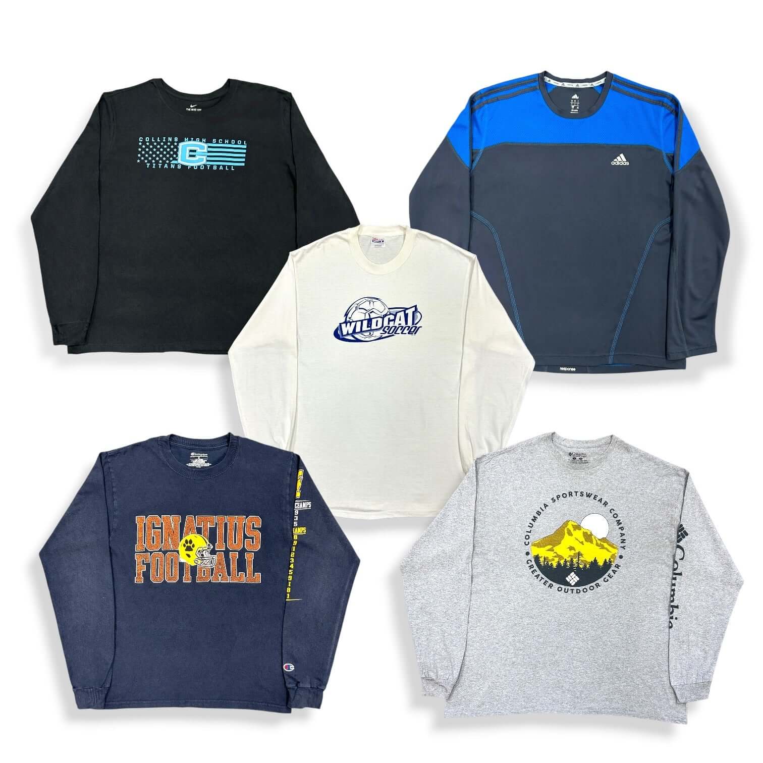 Lot de t-shirts manches longues vintage de marque pour friperies et revendeurs, style sportswear et universitaire américain