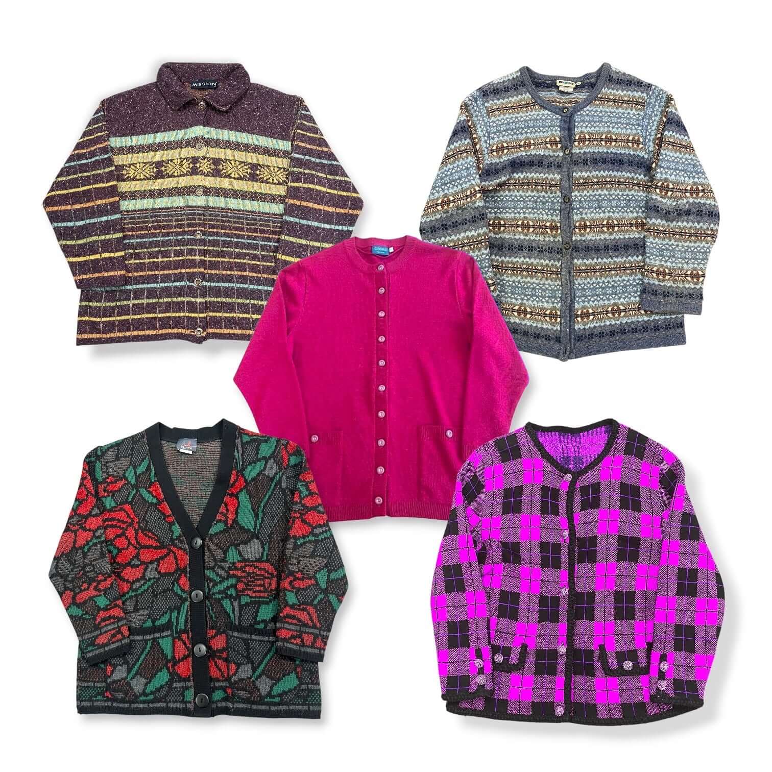 Lot de cardigans vintage en maille avec couleurs et motifs variés pour friperie