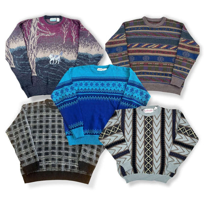Lot de pulls vintage en laine à motifs colorés – box friperie seconde main